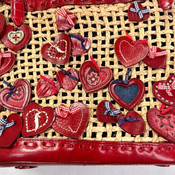 Brighton Wicker Leather Purse Red Hearts Applique Shoulder Handbag Handled Tote - Picture 4 of 16